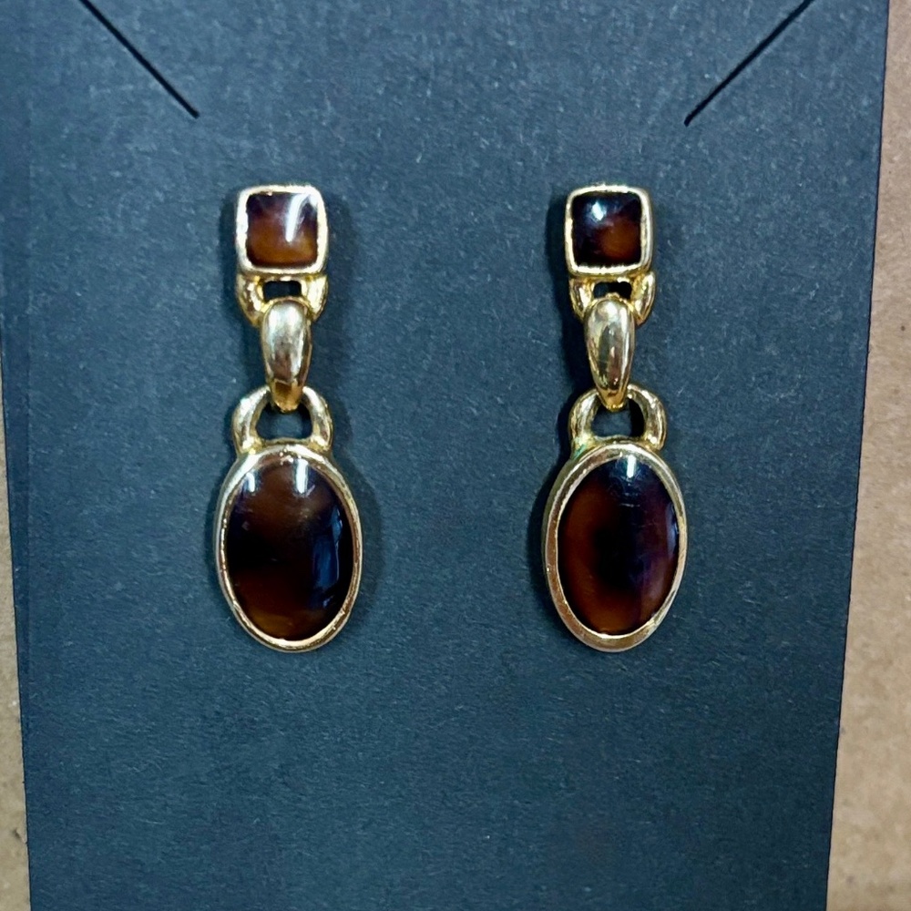 Anne Klein Gold Tone Tiger’s Eye Drop Earrings Vintage - Picture 3 of 5